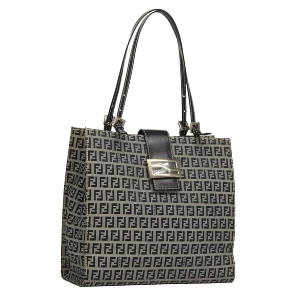 FENDI Zucchino Canvas Tote Bag Navy Silver Auth BA886V - Picture 1 of 16